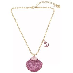 BETSEY JOHNSON Mermaid Jewels Glitter & Crystals Pink Seashell Necklace NEW NWT